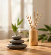 Piedras zen apiladas junto a un difusor de varillas de bambú y una planta