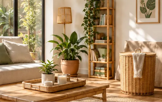 Salón luminoso con mesa baja de bambú, cesto de fibra natural, estantería con libros y plantas de interior