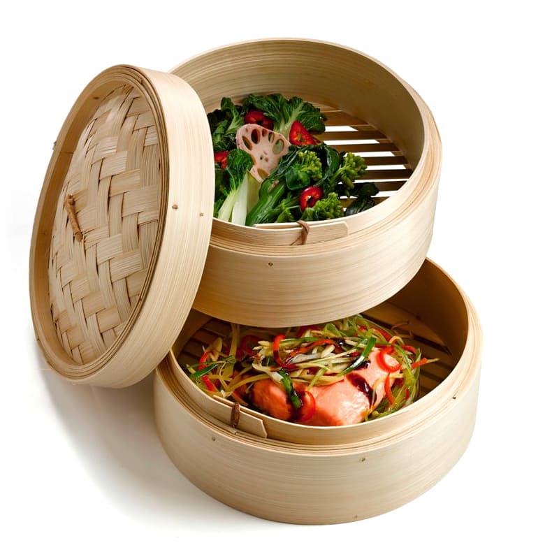 22cm Vaporizador de alimentos cesta de vapor de bambú de 2 niveles con tapa Arroz natural chino Cocina para cocinar en el hogar etc. restaurante 